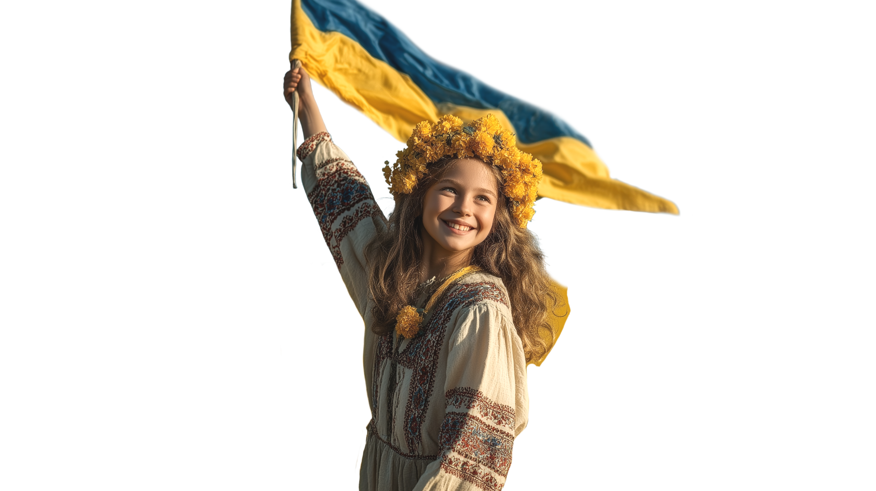 Ukrainian girl holding a flag in a sunflower field